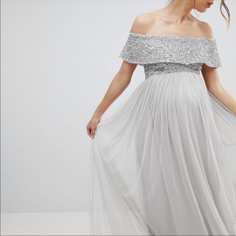 Silver and gray Maya Bardot ASOS maternity dress